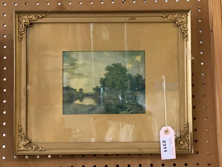 1900'S FRENCH PICTURE WITH WIDE GOLD MAT & FANCY FRAME - LANDSCAPE SCENE (HAS SOME WATER DAMAGE) 12 1/2" X 16" image