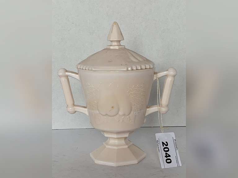 VINTAGE JEANNETTE SHELL PINK MILK GLASS COVERED SUGAR DISH WITH PEAR DESIGN 7" TALL image