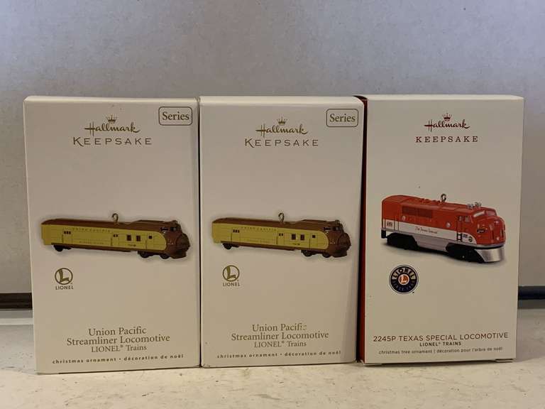 3 NEW HALLMARK ORNAMENTS - TWO "2010 UNION PACIFIC STREAMLINER LOCOMOTIVE - LIONEL TRAINS" & "2018 LIONEL TRAIN - 2245P TEXAS SPECIAL LOCOMOTIVE" image