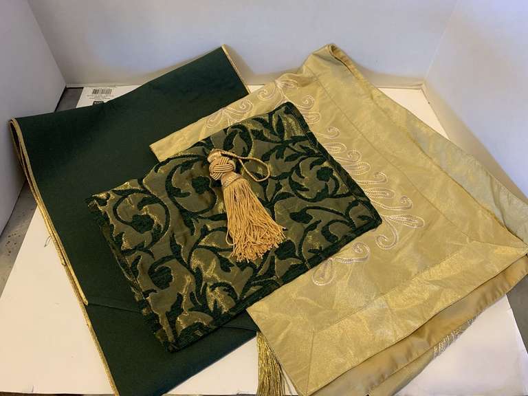 66" LONG DARK GREEN TABLE RUNNER WITH GOLD TRIM, 70" LONG GOLD FANCY TABLE RUNNER & BLACK/GOLD TAPESTRY MAT 18" X 12 1/4" & TASSEL image