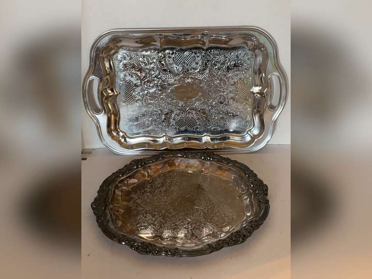 SILVER METAL SERVING TRAY 18X12 & VERY HEAVY SILVERPLATE ORNATE ROUND SERVING TRAY 14" ROUND image
