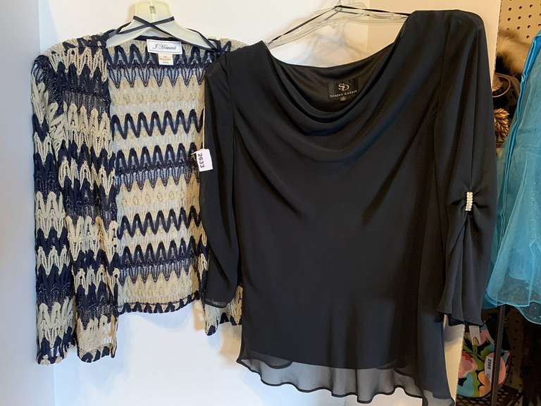BLACK SHEER WITH RHINESTONE ACCENT TOP (SIZE 16) & NAVY/TAN WOVEN SHORT JACKET (SIZE 12) image
