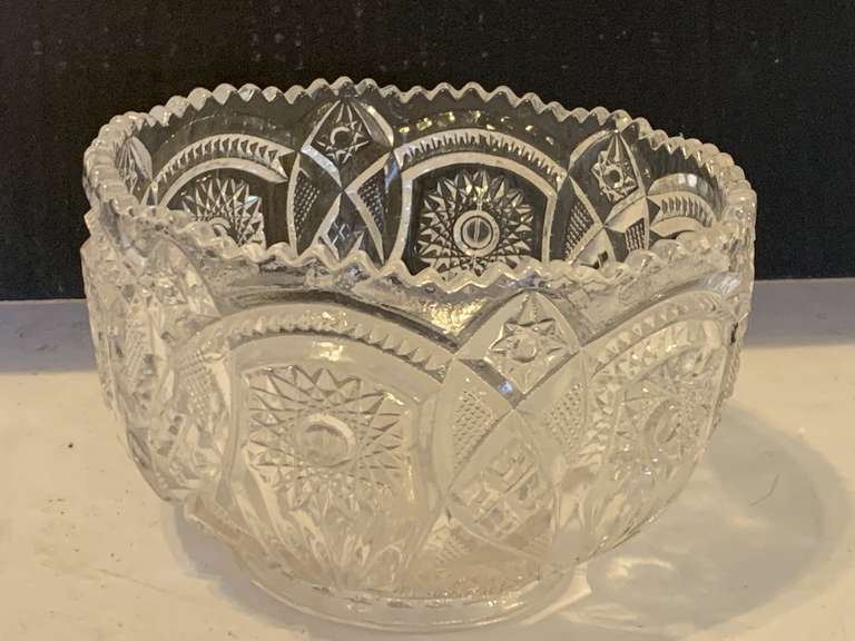 VINTAGE AMERICAN BRILLIANT CUT GLASS WITH HOBSTARS, FANS AND SAW TOOTH EDGE 4" TALL X 6 1/4" ROUND image