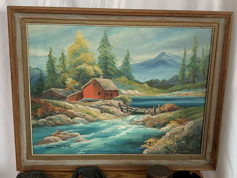 1964 ORIGINAL OIL ON BOARD PAINTING OF A CABIN IN THE MOUNTAINS BY LUCRETIA MONTEAN FLUCKER 27 1/2" X 21 1/2" image