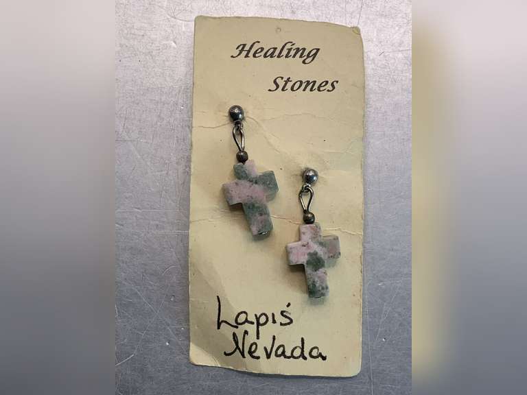 PAIR VINTAGE HAND CARVED LAPIS CROSS PIERCED EARRINGS image