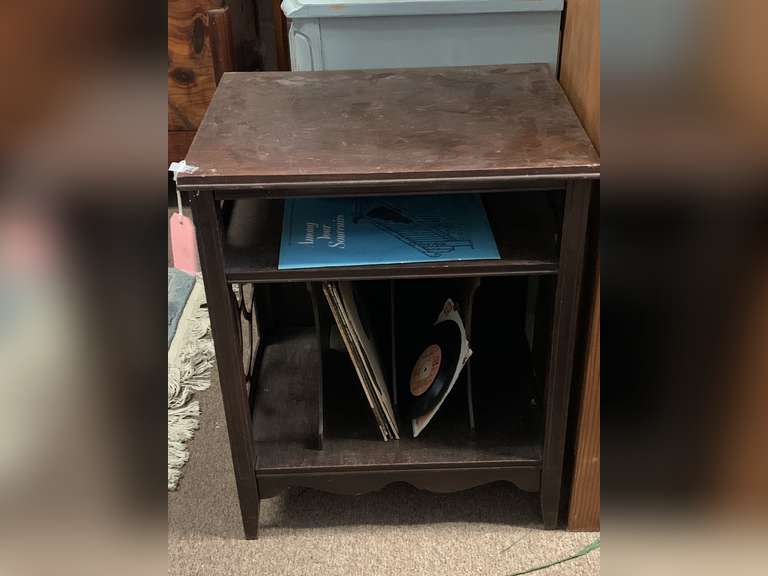 VINTAGE MAHOGANY RECORD STAND 21" WIDE X 16" DEEP X 26" TALL & CONTENTS image