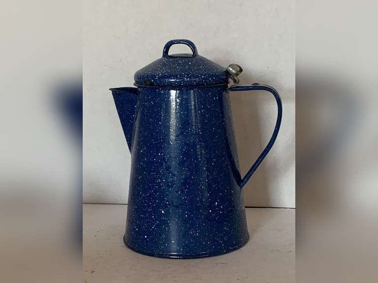 VINTAGE BLUE SPECKLED ENAMEL COFFEE POT 8 1/2" TALL image