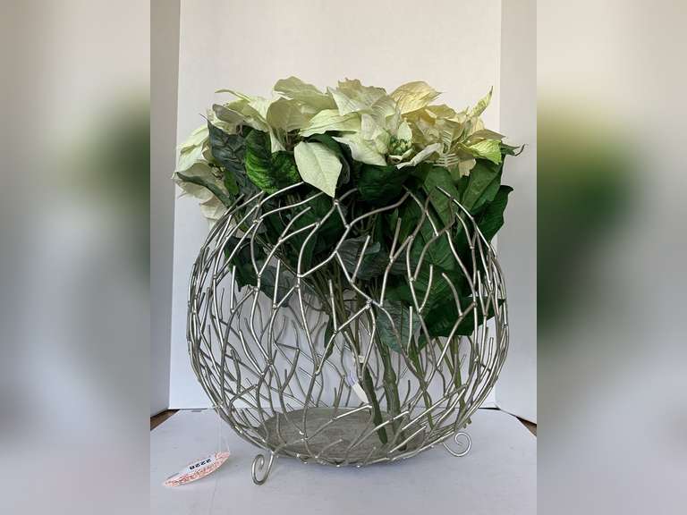 EXTRA LARGE SILVERTONE ROUND TWIG BOWL/BASKET FULL OF WHITE SILK POINSETTIA 15" TALL X 16" WIDE image