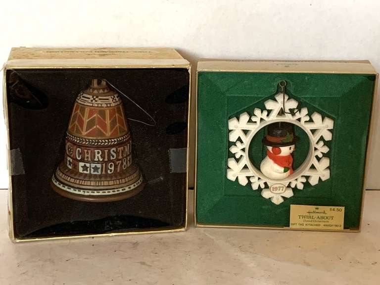 2 NEW VINTAGE HALLMARK KEEPSAKE ORNAMENTS "1977 TWIRL-ABOUT" & "1978 HANDCRAFTED BELL" image