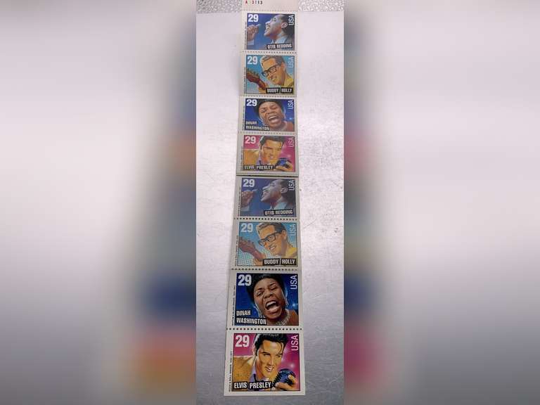 TWENTY-TWO 29 CENT ROCK-N-ROLL POSTAGE STAMPS - ELVIS, OTIS, BUDDY HOLLY & DINAH WASHINGTON image