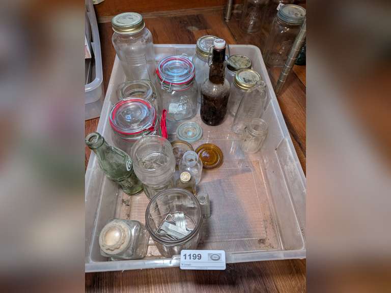 STORAGE TUB FILLED WITH COLLECTIBLE BOTTLES AND MASON JARS image