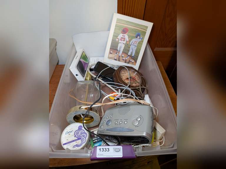 STORAGE TUB AND CONTENTS INCLUDING GALAXY A12, IPHONE, SIGNED AND NUMBERED BASEBALL PRINT, COUNTRY CHIC WALL CLOCK, AND MORE image