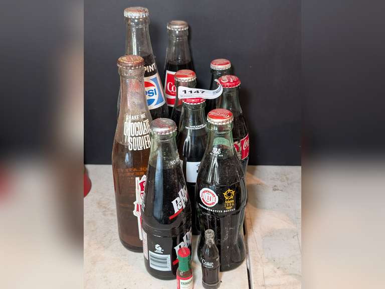 COLLECTIBLE SODA BOTTLES AND MINIATURES INCLUDING COCA-COLA, DR PEPPER, CHOCOLATE SOLDIER, AND PEPSI image