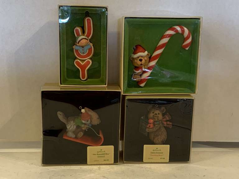 4 NEW HALLMARK TREE-TRIMMER COLLECTION ORNAMENTS "THE DOWNHILL RUN", "CAROLING BEAR", "JOY" & CANDY CANE" image