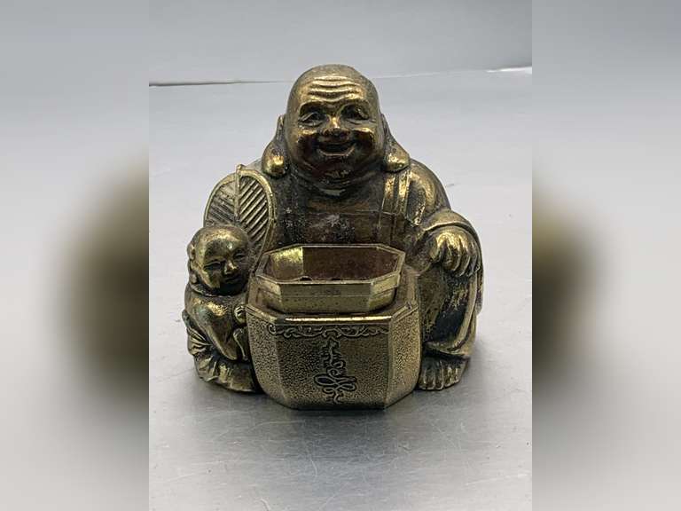 VINTAGE BRASS HAPPY BUDDHA INCENSE HOLDER/BURNER 2 1/2" TALL X 3" WIDE image