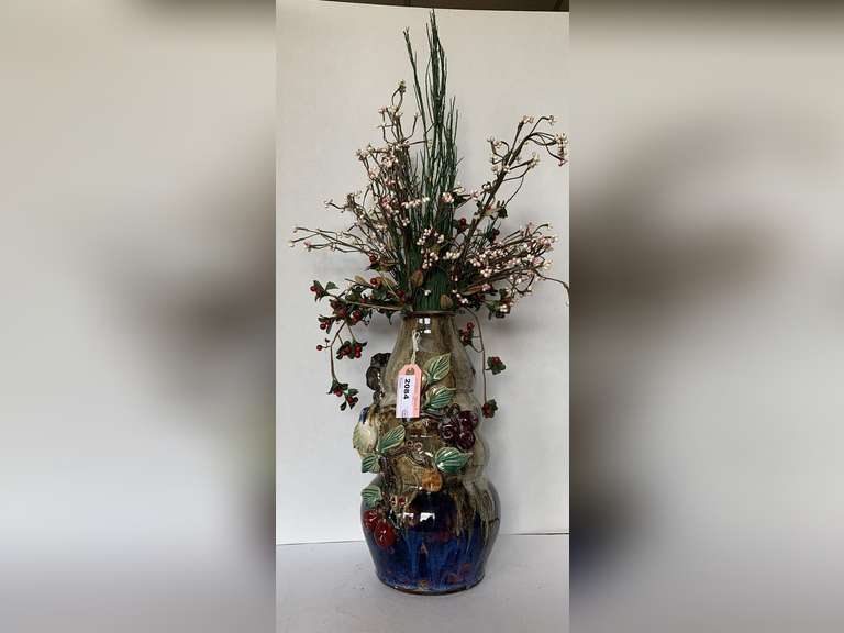 VINTAGE SHIWAN/SHEKWAN MAJOLICA STYLE FRUIT/BIRD DESIGN VASE WITH FLORAL 14 1/2" TALL (VERY HEAVY) image