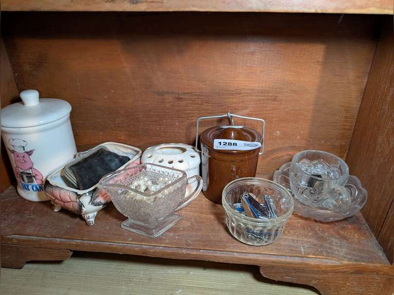 ALL ITEMS ON BOTTOM SHELF MARKED 1288 INCLUDING VINTAGE PRESSED GLASS, BAIL LID GLAZED POTTERY JAR, FAT CAN, AND MORE image