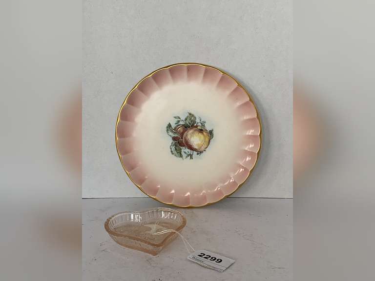 VINTAGE ZAPUN CHINA HAND PAINTED DESSERT PLATE 7 1/4" & LT PINK SANDWICH PATTERN TIARA INDIANA GLASS NUT DISH 4" image