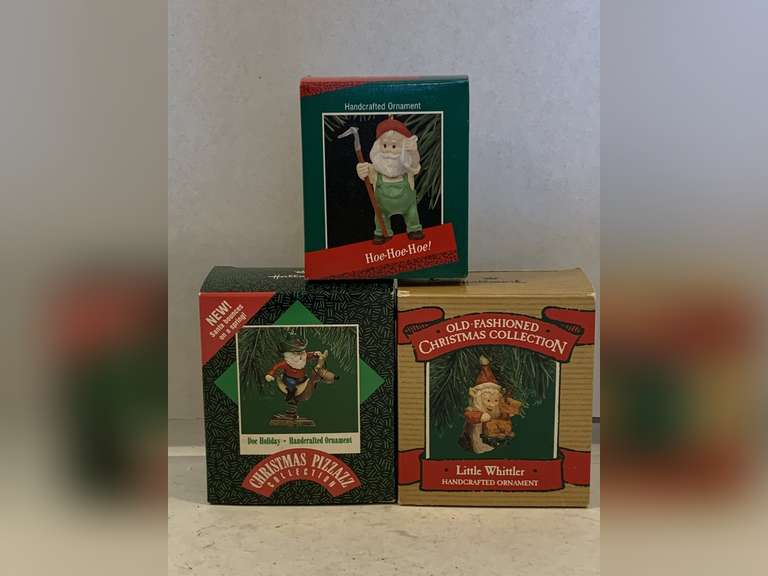 3 NEW HALLMARK ORNAMENTS "1987 DOC HOLLIDAY", "1987 LITTLE WHITTLER" & "1988 HOE-HOE-HOE!" image