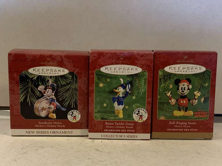 3 NEW HALLMARK ORNAMENTS "1997 BANDLEADER MICKEY - MICKEY'S HOLIDAY PARADE", "2000 BATON TWIRLER DAISY - MICKEY'S HOLIDAY PARADE" & "2001 BELL-RINGING SANTA - MICKEY MOUSE" image