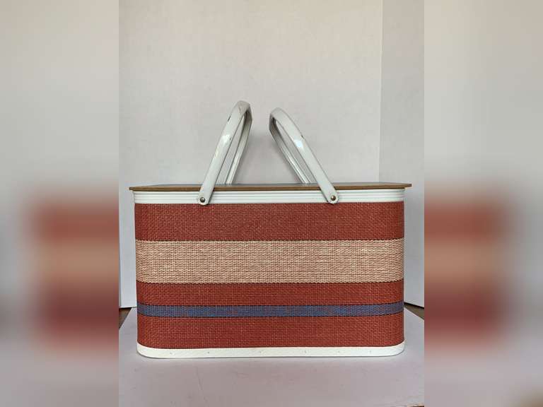 VINTAGE PORCELAIN HANDLED REDMOND WOVEN PICNIC BASKET 11" TALL X 18" LONG X 11" DEEP image