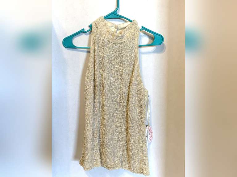 100% SILK HEAVY BEADED OFF WHITE TOP (SIZE M) image