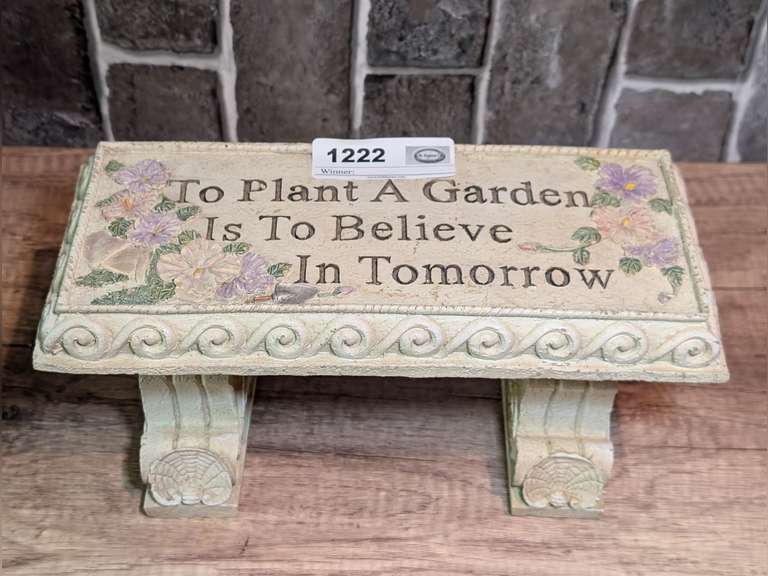 GARDEN BENCH MANTEL DECOR, "TO PLANT A GARDEN IS TO BELIEVE IN TOMORROW" image