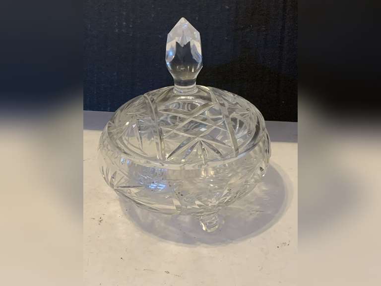 VINTAGE LEAD CRYSTAL LIDDED BRILLIANT CUT GLASS CANDY DISH PINWHEEL DESIGN 6" TALL X 5" ROUND image