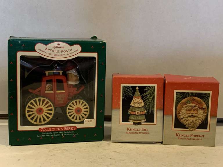 3 NEW HALLMARK ORNAMENTS "1988 KRINGLE KOACH", "1988 KRINGLE TREE" & "1988 KRINGLE PORTRAIT" image