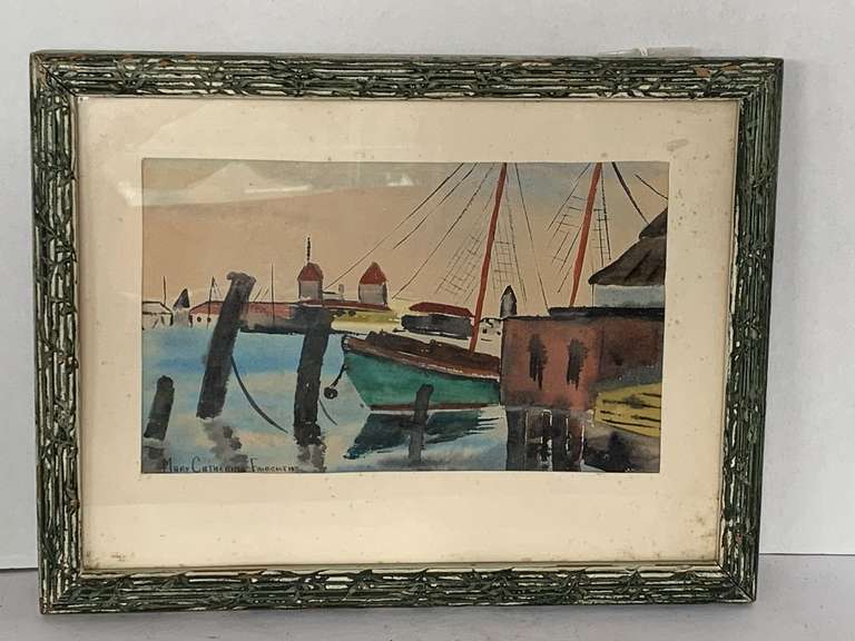 VINTAGE ORIGINAL WATERCOLOR BY MARY CATHERINE FAIRCLOTH "SHIPS IN HARBOR" FRAMED/MATTED 10 1/2" X 13 1/4" image