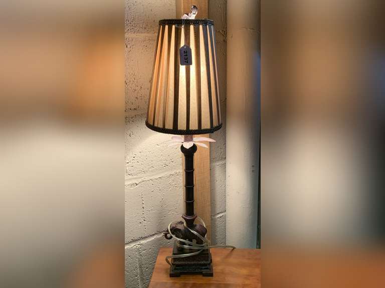 NICE HEAVY METAL ELEPHANT CANDLESTICK LAMP WITH PLEATED SHADE 28" TALL image