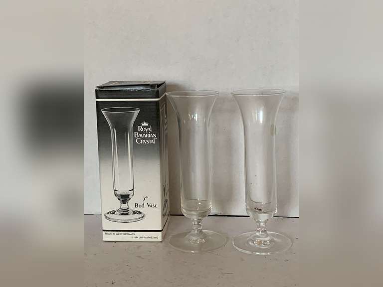 TWO 1984 ROYAL BAVARIAN CRYSTAL 7" TALL BUD VASES MADE IN WEST GERMANY (ONE HAS BOX) image