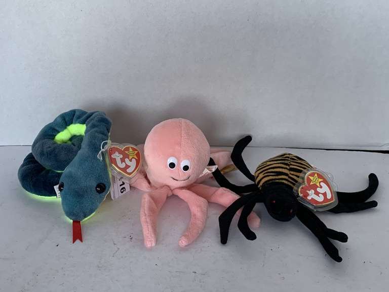 3 TY BEANIE BABIES (1996 SPINNER, 1994 INKY, 1997 HISSY) **1994 INKY HAS TAG ERROR (MORE VALUABLE) image