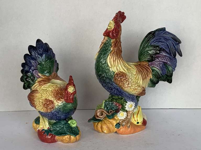 PAIR OF FITZ & FLOYD CERAMIC ROOSTER & HEN CANDLE HOLDERS 9" TALL X 8" WIDE - 7" TALL X 5 1/2" WIDE image