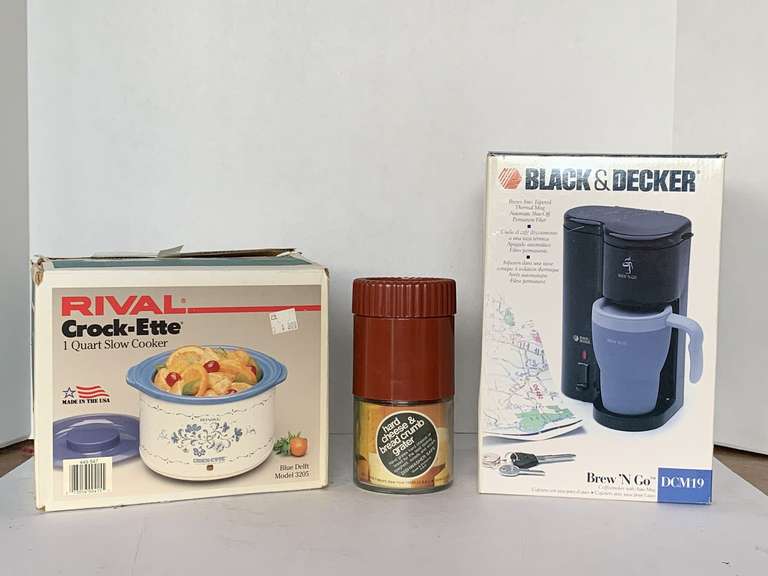 NEW BLACK & DECKER BREW N GO, NEW HARD CHEESE & BREAD CRUMB GRATER & NEW 1 QT RIVAL CROCKETTE image
