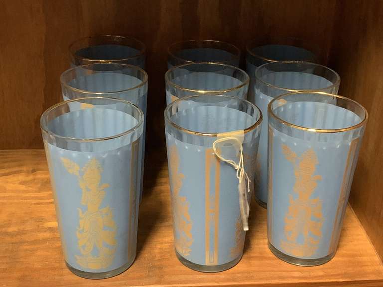 9 VINTAGE MANDALAY SIAM DANCERS ASIAN BLUE/GOLD GLASSES image