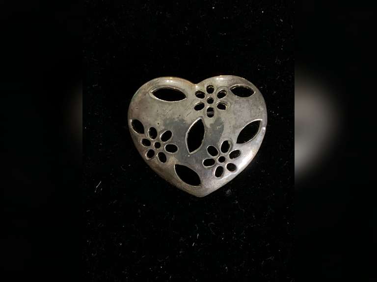 VINTAGE PRECO SILVERTONE HEART FILIGREE BROOCH image