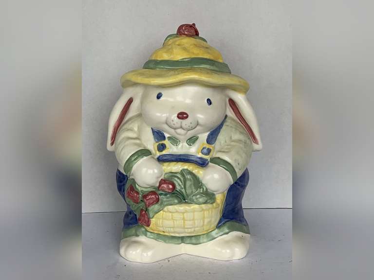 VINTAGE TREASURE CRAFT CERAMIC BUNNY COOKIE JAR WITH TULIPS 14" TALL X 10" WIDE image