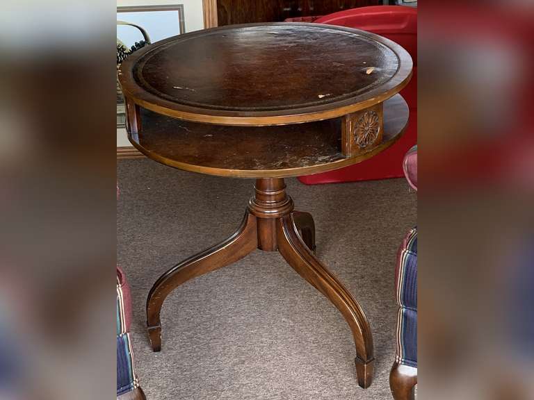 ANTIQUE LARGE ROUND LEATHER TOP DRUM TABLE (SOME DAMAGE ON LEATHER SEE PICS) 24" ROUND X 27" TALL image