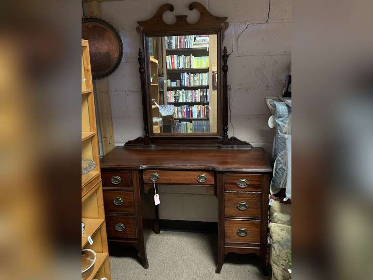 ANTIQUE MAHOGANY DRESSER/VANITY WITH MIRROR 46" LONG X 18 1/2" DEEP X 30" TALL (MIRROR 41" TALL X 25" WIDE) image