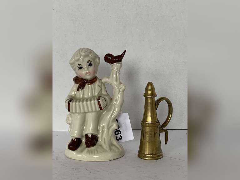 VINTAGE PRICE PRODUCTS CERAMIC ACCORDION BOY FIGURINE 5" TALL & BRASS CANDLE SNUFFER image