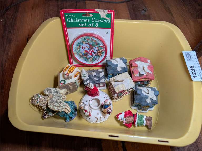 VINTAGE CHRISTMAS VILLAGE THEME ORNAMENT BELLS AND MORE IN SMALL TUB MARKED 1236 image