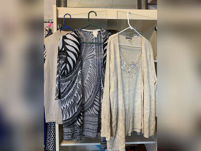 LADIES CLOTHING - SIZE XL GOLD LUREX TOP, SIZE 3 CHICO'S BLACK/BEIGE JACKET, SIZE 1X 2 PIECE 100% SILK SWEATER SET image