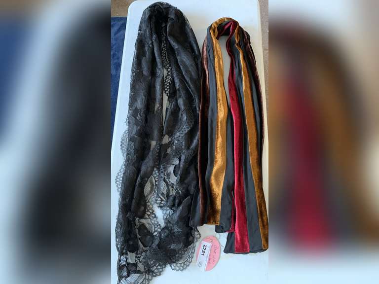BLACK LONG SCARF WITH MULTI COLOR VELVET STRIPES & BLACK LACE SHAWL image