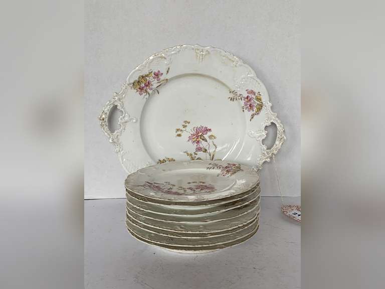 ANTIQUE HAND PAINTED CHINA DESSERT SET - 2 HANDLE SERVING PLATE 10 1/2" ROUND & 8 MATCHING DESSERT PLATES image