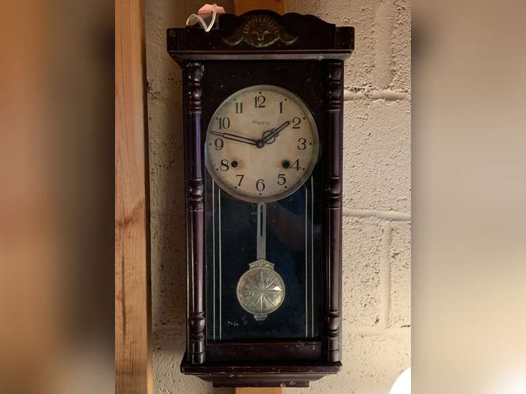 ANTIQUE "HAPPY" WALL CLOCK WITH KEY 23" LONG X 9 1/2" WIDE image