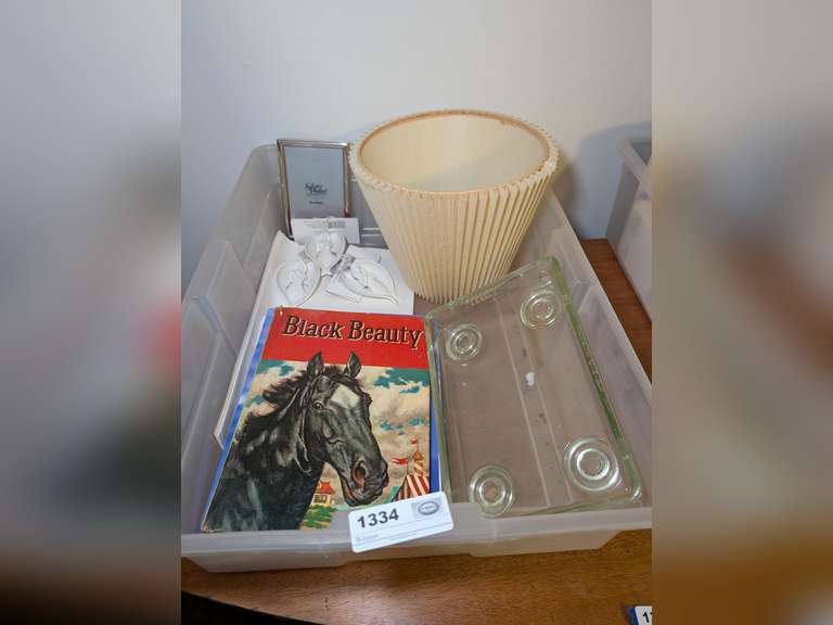 STORAGE TUB AND CONTENTS INCLUDING PICTURE FRAME, COLORED GLASS FOOTED SERVING DISH, MID-CENTURY BLACK BEAUTY BOOK, PRECIOUS MOMENTS BOOKS, AND MORE image
