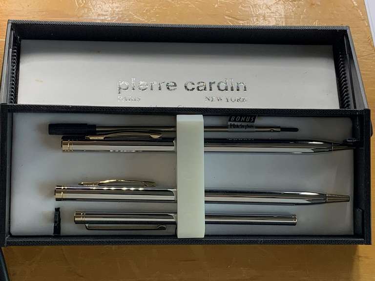 VINTAGE PIERRE CARDIN CHROME & GOLDTONE PEN & PENCIL SET WITH REFILLS IN ORIGINAL BOX image
