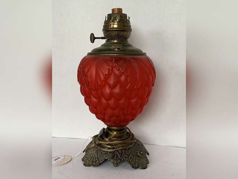 ANTIQUE PITTSBURGH RUBY RED SATIN GLASS STRAWBERRY OIL LAMP/ELECTRIC CONVERTED 16" TALL image
