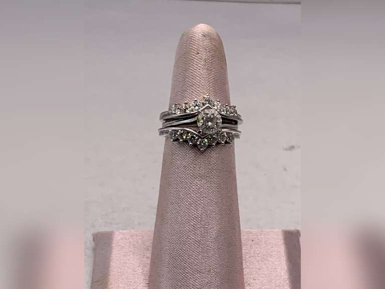 VINTAGE 3 PIECE STERLING WEDDING SET WITH CZ'S - BAND SIZE 6, SOLITAIRE RING SIZE 5 1/2 image